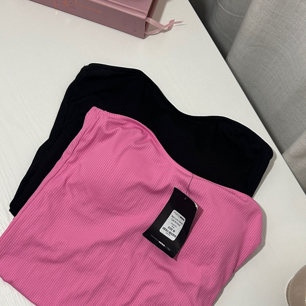 Fashion Nova Pink and Black Ribbed Bodysuit